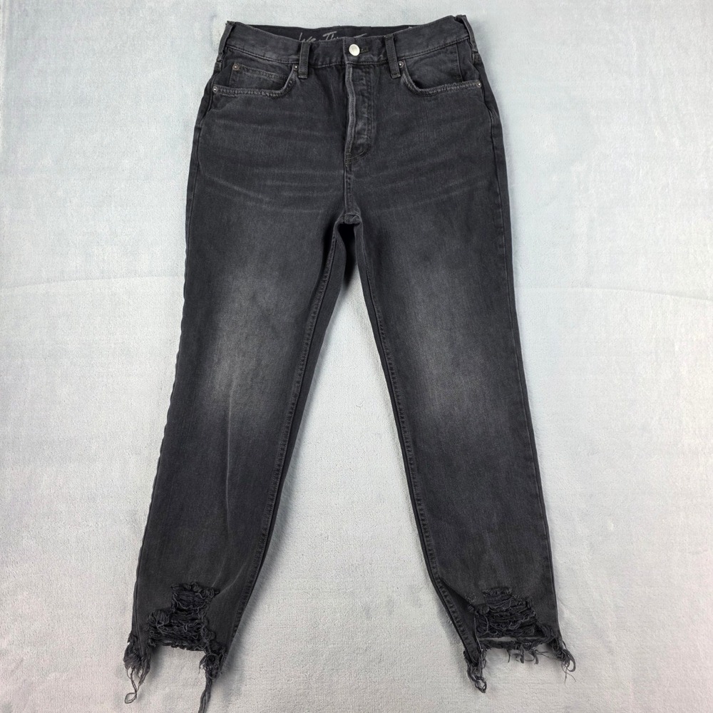 We The Free People Jeans 28 Mid Rise Black Distressed Raw Hem Button Fly Denim
